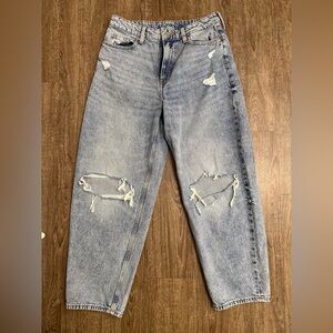 &Denim Barrel Jeans Womens US 8 High Waist Loose Fit Distressed Light Wash